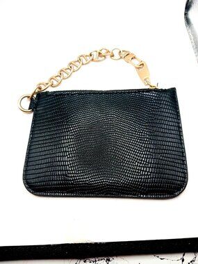 Black Leather Zippered Coin Purse Wallet With Attached Gold Tone Chain